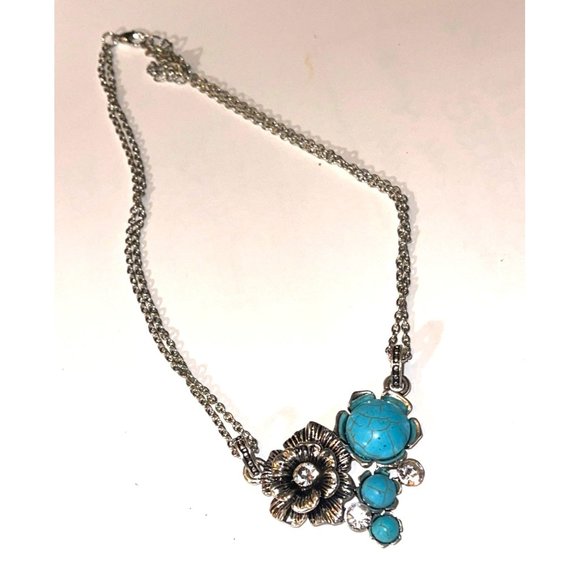 Silver Tone Western Rose Faux Turquoise Adjustable Statement Necklace Jewelry - Picture 5 of 11